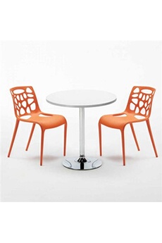 - table ronde blanche 70x70cm avec 2 chaises colorées set intérieur bar café gelateria long island, couleur: orange