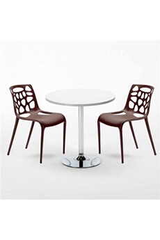 - table ronde blanche 70x70cm avec 2 chaises colorées set intérieur bar café gelateria long island, couleur: marron