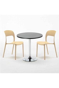 - table ronde noire 70x70cm avec 2 chaises colorées set intérieur bar café restaurant cosmopolitan, couleur: beige