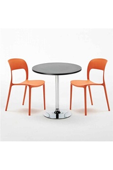 - table ronde noire 70x70cm avec 2 chaises colorées set intérieur bar café restaurant cosmopolitan, couleur: orange