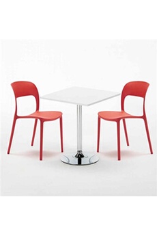 - table carrée blanche 70x70cm avec 2 chaises colorées set intérieur bar café restaurant cocktail, couleur: rouge