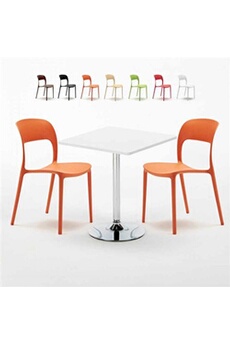 - table carrée blanche 70x70cm avec 2 chaises colorées set intérieur bar café restaurant cocktail, couleur: orange