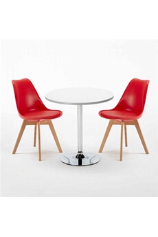 - table ronde blanche 70x70cm avec 2 chaises colorées set intérieur bar café nordica long island, couleur: rouge