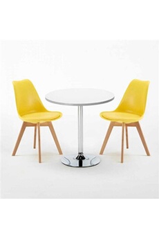 - table ronde blanche 70x70cm avec 2 chaises colorées set intérieur bar café nordica long island, couleur: jaune