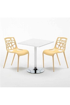 - table carrée blanche 70x70cm avec 2 chaises colorées set intérieur bar café gelateria cocktail, couleur: beige