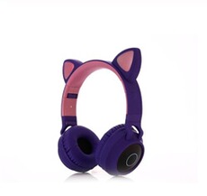 Casque audio Ecelen Casque Mignon chat Bluetooth 5.0 sans fil Hifi musique stéréo basse casque lumière LED téléphones mobiles fille pour PC Violet