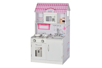 Cuisine enfant HOMCOM Cuisine bois jeu d'imitation - maison de poupée cuisine enfant 2 en 1 - nombreux accessoires & rangements inclus - mdf pin rose blanc