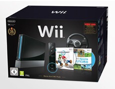 Console rétrogaming Nintendo Console Wii noire Pack Anniversaire 25 ans + Mario Kart + volant + Wii Sports + Donkey Kong Original