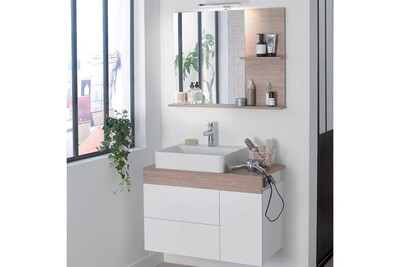 Meuble Salle De Bain Jacob Delafon Meuble Avec Vasque A Poser Sully 103 X 45 80 Vasque A Droite Blanc Et Chene Quebec Avec Miroir Darty