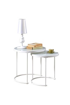 lot de 2 tables d'appoint gigognes leyre, plateau rond en verre blanc et cadre en métal blanc