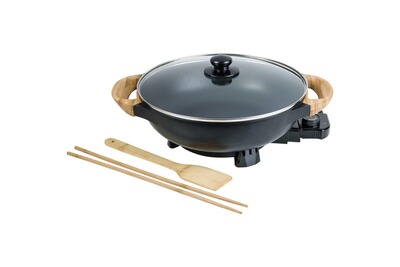 noir design asiatique avec spatule en bambou 5 l 2 baguettes de cuisson et livre de recettes 1500 W wok XL avec couvercle en verre Bestron Wok électrique AEW100AS avec poignées en bambou métal 