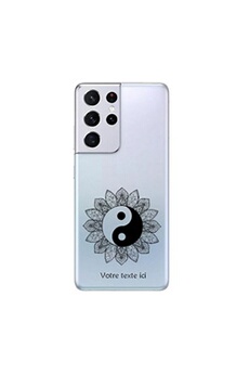 Coque en silicone transparente pour Samsung Galaxy S21 ULTRA avec motif yin yang noir et mandala avec votre texte