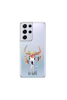 Coque en silicone transparente pour Samsung Galaxy S21 ULTRA avec motif Skull Bull et plumes
