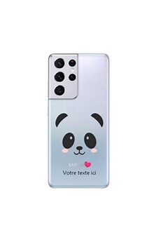 Coque en silicone transparente pour Samsung Galaxy S21 ULTRA avec motif panda et coeur avec votre texte