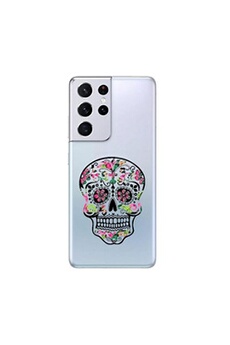 Coque en silicone transparente pour Samsung Galaxy S21 ULTRA avec motif tete de mort mexicaine et fleurs roses