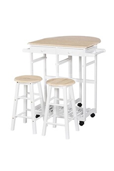 table haute homcom ensemble table de bar pliable sur roulettes avec étagère et 2 tiroirs + 2 tabourets bois pin mdf blanc chêne clair