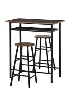 table haute homcom ensemble table de bar design industriel + 2 tabourets mdf imitation bois noyer métal noir