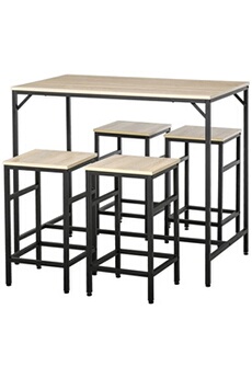 table haute homcom ensemble table de bar design industriel + 4 tabourets repose-pieds panneaux particules imitation chêne clair métal noir