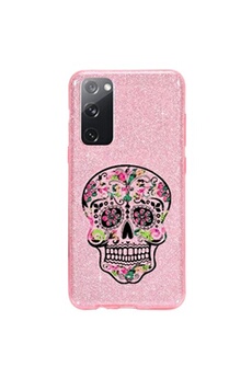 Coque et étui téléphone mobile Coque4phone Coque pour Samsung Galaxy S20 FE paillette rose motif tete de mort et fleur