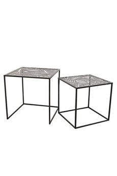 table d'appoint altobuy flora - lot de 2 tables gigognes métal noir motif feuille -