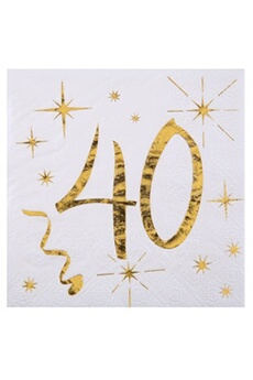 serviette de table santex serviette élégante cocktail pour fête anniversaire 40ans blanche et dorée (x20) ref/6159