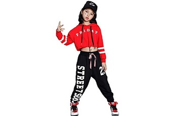 Déguisement enfant Lolanta Déguisement de danse hip hop fille tenue de danse de rue costume de danse jazz,ensemble de vêtements pour filles,rouge/noir,9-10 ans(taille fabricant: