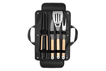 Livoo Barbecue Set de 4 accessoires pour barbecue - fourchette, pince, spatule, couteau + pochette acier inox, finition bois gs75
