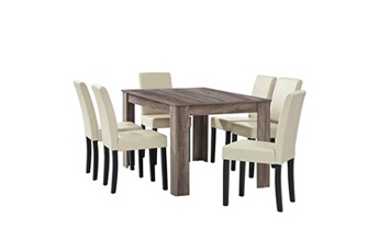 Helloshop26 Ensemble table et chaises de jardin Table à manger en chêne ancien avec 6 crème cuir-synthétique rembourré 140x90 cm 03_0004071