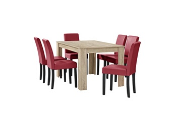 Helloshop26 Ensemble table et chaises de jardin Table à manger chêne brilliant avec 6 rouge foncé cuir-synthétique rembourré 140x90 cm 03_0004052