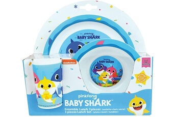 Assiette bébé Cijep Baby shark ensemble repas incluant 1 verre 220 ml, 1 assiette et 1 bol micro-ondables pour enfant