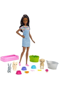 Accessoire poupée Barbie Barbie famille coffret le bain des animaux, poupée brune avec figurines chiot, chaton et lapin, accessoires, jouet pour enfant, fxh12
