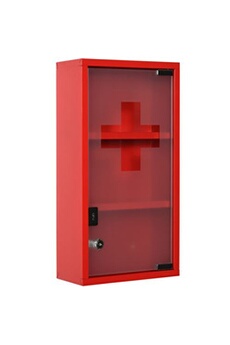 armoire à pharmacie kleankin armoire à pharmacie 2 étagères 3 niveaux verrouillable porte verre trempé dépoli logo croix 25l x 12l x 48h cm acier rouge