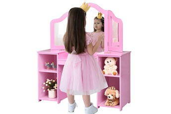 Autres jeux créatifs Costway 2 en 1 coiffeuse pour enfants avec miroir amovible bureau enfant avec 4 étagères et 3 panneau pliables rose