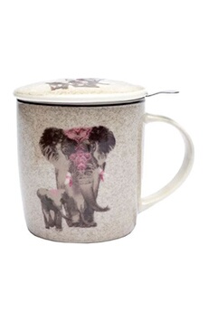 tasse et mugs phoenix import mug en porcelaine gris avec infuseur métal eléphants - hauteur 9.5 cm - diamètre 8.7 cm - 400 ml