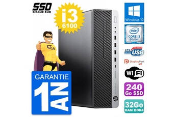Unité Centrale Hp Pc Hp Elitedesk 800 G3 Sff Intel Core I3-6100 Ram 32go Ssd 240go Windows 10 Wifi