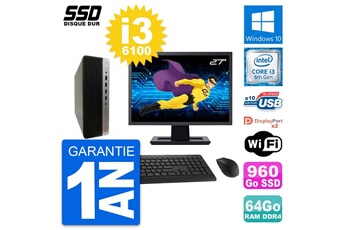 Unité Centrale Hp Pc Hp Prodesk 600 G3 Sff Ecran 27" I3-6100 Ram 64go Ssd 960go Windows 10 Wifi