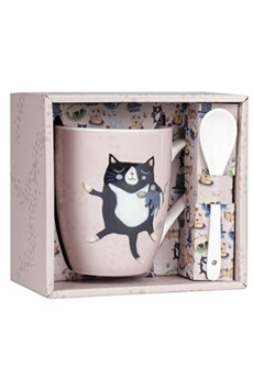 tasse et mugs enesco mug avec cuillère allen desings - crasy cat - en céramique - rose - hauteur 10.5 cm - largeur 8.5 cm