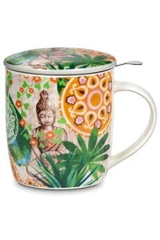 tasse et mugs phoenix import mug en porcelaine avec infuseur métal bouddha vert et blanc - hauteur 9.5 cm - diamètre 8.7 cm - 400 ml