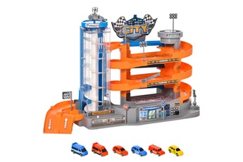 Circuit voitures HOMCOM Garage parking voitures enfant - 3 niveaux, 6 voitures, ascenseur, rampes en spirale, 15 places stationnement - pp abs orange gris bleu