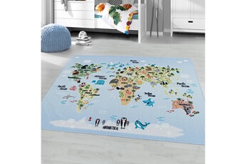 Tapis pour enfant Play Carte du monde - tapis enfant lavable bleu 120 x 170 cm