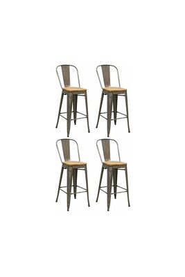 Chaise et Tabouret de bar AUBRY GASPARD - Tabouret industriel en métal et bois d'orme huilé (Lot de 4) acier brossé