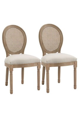 Chaise Homcom Lot de 2 chaises de salle à manger - chaise de salon médaillon style Louis XVI - bois massif sculpté, patiné - dossier cannage - aspect lin beige