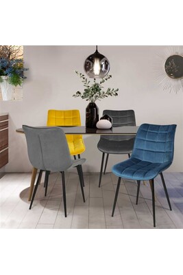 Chaise ID Market Lot de 4 chaises MADY en velours mix color bleu, gris clair, gris foncé, jaune