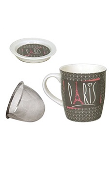 tasse et mugs faye mug paris avec infuseur pour le thé - gris et rose - en porcelaine - hauteur 10 cm - diamètre 8.5 cm - contenance : 325 ml