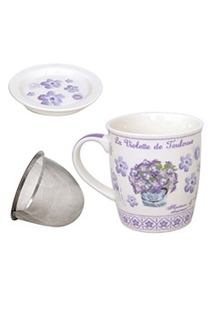 tasse et mugs faye mug violette avec infuseur pour le thé - blanc et violet - en porcelaine - hauteur 10 cm - diamètre 8.5 cm - contenance : 325 ml