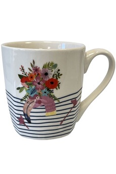 tasse et mugs enesco tasse en céramique blanche rayée flamand rose en coffret cadeau - dimensions de la tasse : hauteur 8.7 cm - diamètre 8 cm