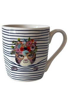 tasse et mugs enesco tasse en céramique blanche rayée chat en coffret cadeau - dimensions de la tasse : hauteur 8.7 cm - diamètre 8 cm