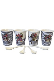 tasse et mugs enesco coffret de 4 gobelets expresso en céramique blanche rayée chat, guépard et flamand rose