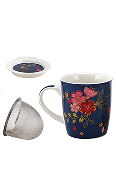 tasse et mugs faye mug feuilles de ginkgo avec infuseur pour le thé - en porcelaine - bleu - hauteur 10 cm - diamètre 8.5 cm - contenance : 325 ml