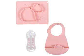 Autre accessoire repas bébé Plastimyr Tasty set assiette couverts bavoir en silicone pour bébé rose baleine